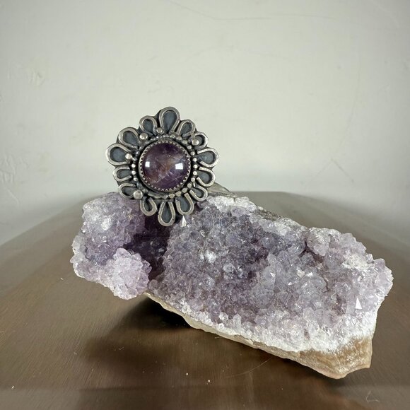 Sterling Silver Ring Round Amethyst Floral Gemstone Statement Jewelry Size 10 - Picture 1 of 5